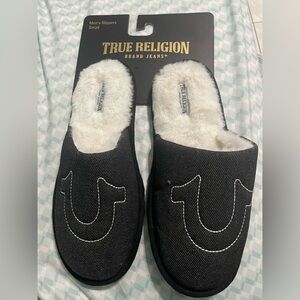 True Religion Men's Small 7-8 Black Denim Slippers Slip On NEW